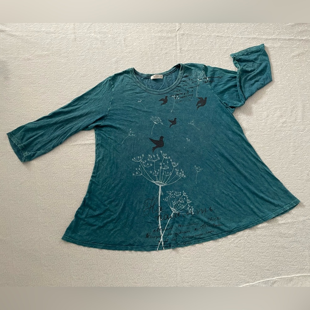 Jess & Jane Bluish Teal 3/4 Long Sleeve Women's Top Sz XL Birds Dandelion
